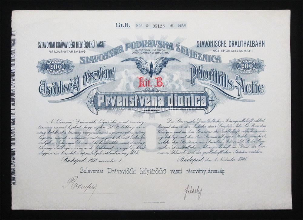 Szlavoniai Drávavidéki HÉV els. részvény 200 korona 1908 (CRO)